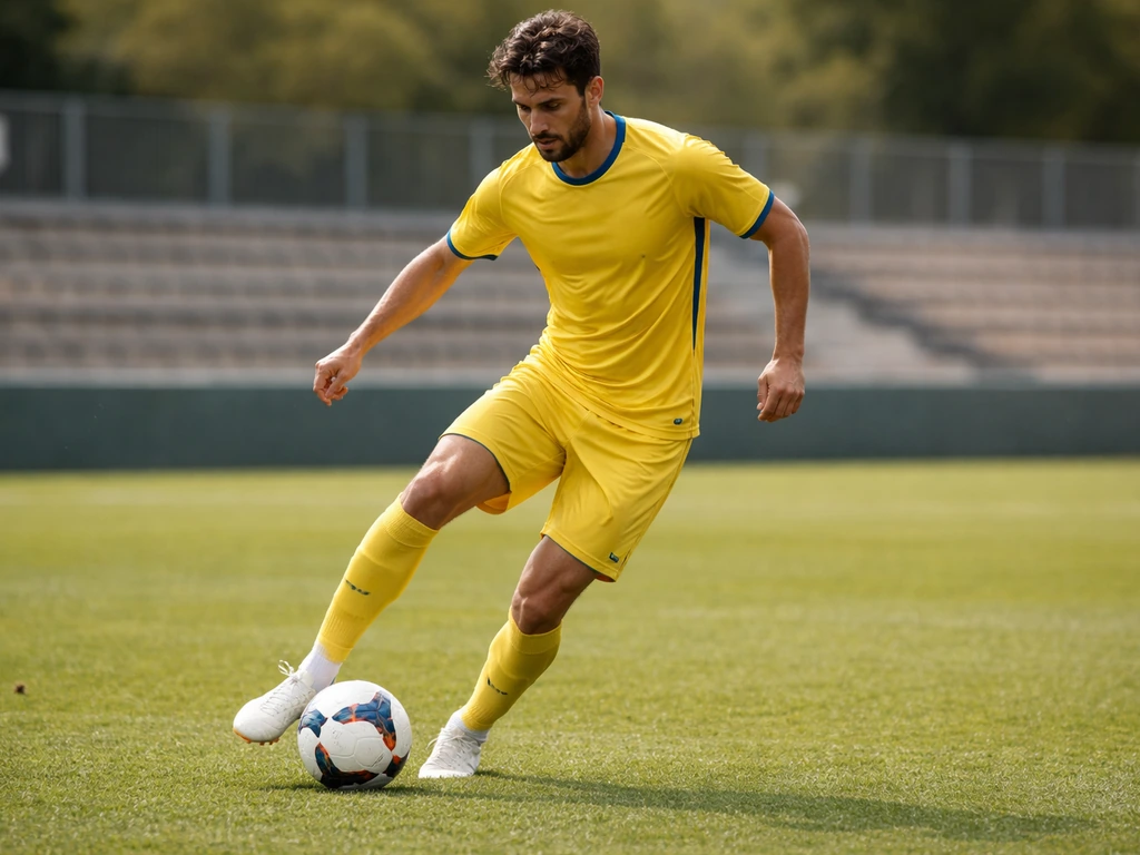 Greek footballer in a yellow jersey controlling a ball on a sunny outdoor pitch.