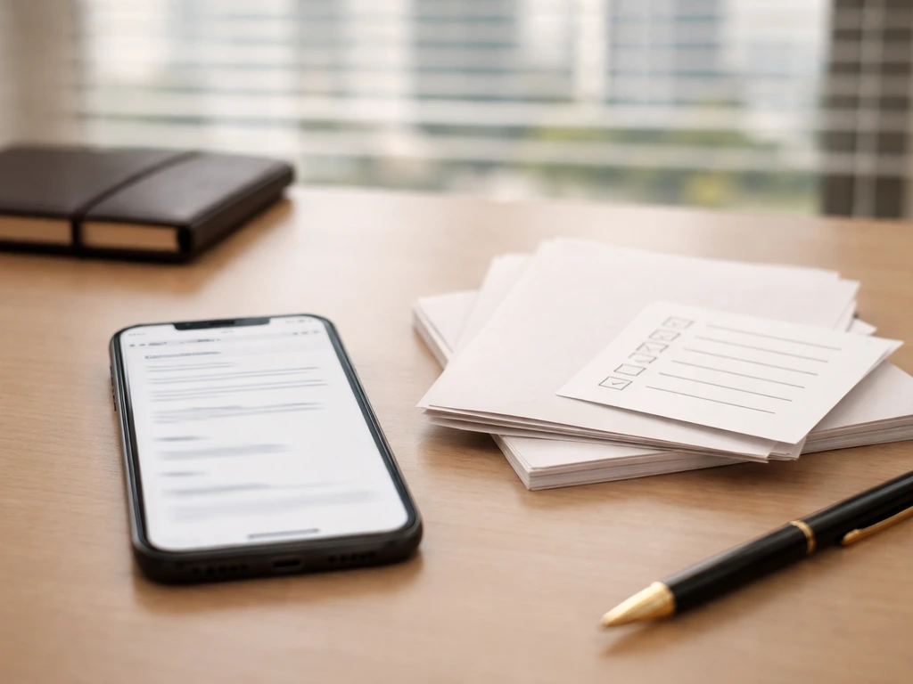 iPhone on a desk beside blank public documents, implying record search and verification approach.