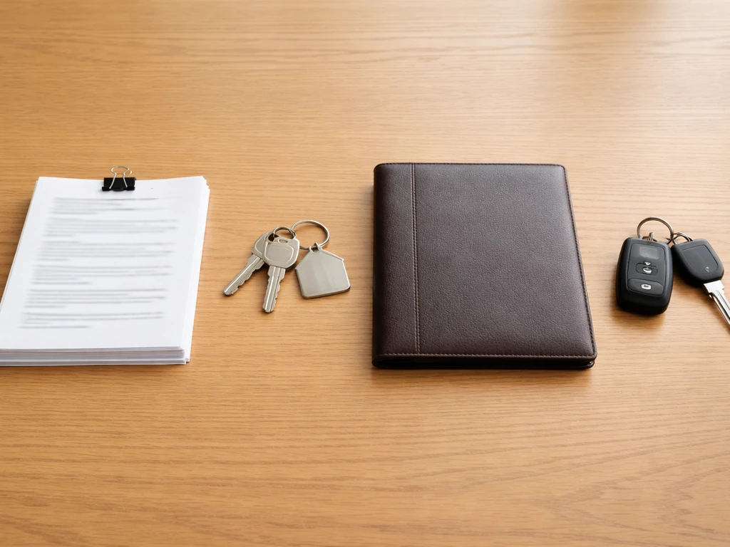 Minimal photo of desk tools arranged like an asset-investigation checklist: registry papers, keys, portfolio folder, car
