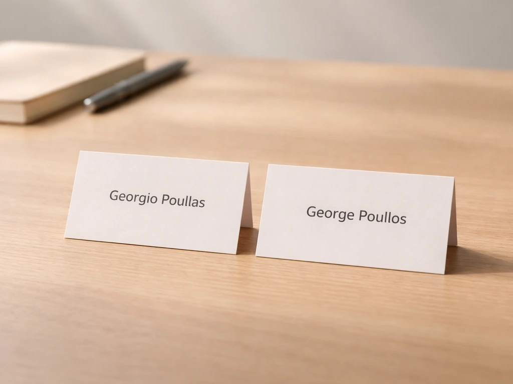 Two stacked namecards with similar names side by side on a desk to suggest identity disambiguation