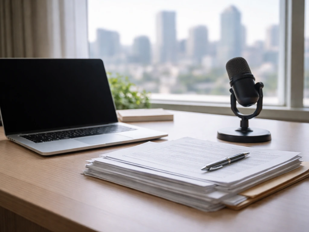 Minimal photo of a business desk with a laptop, documents, and a blurred city skyline at window light