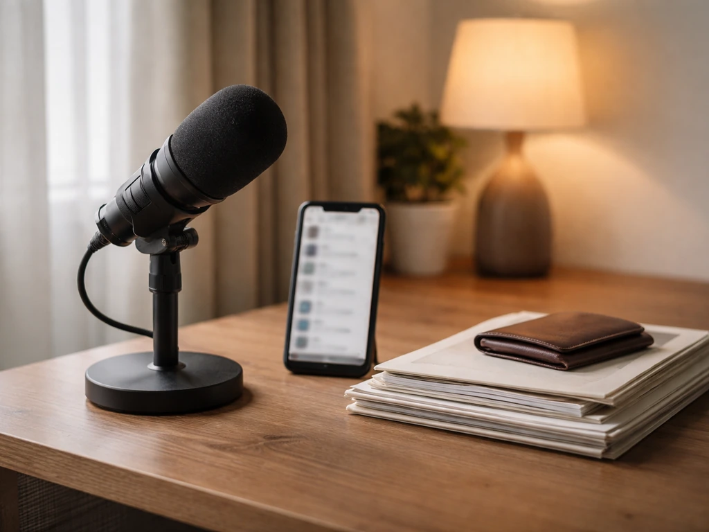 Unbranded mic, wallet, documents, and a smartphone on a tidy desk by a window, no people.