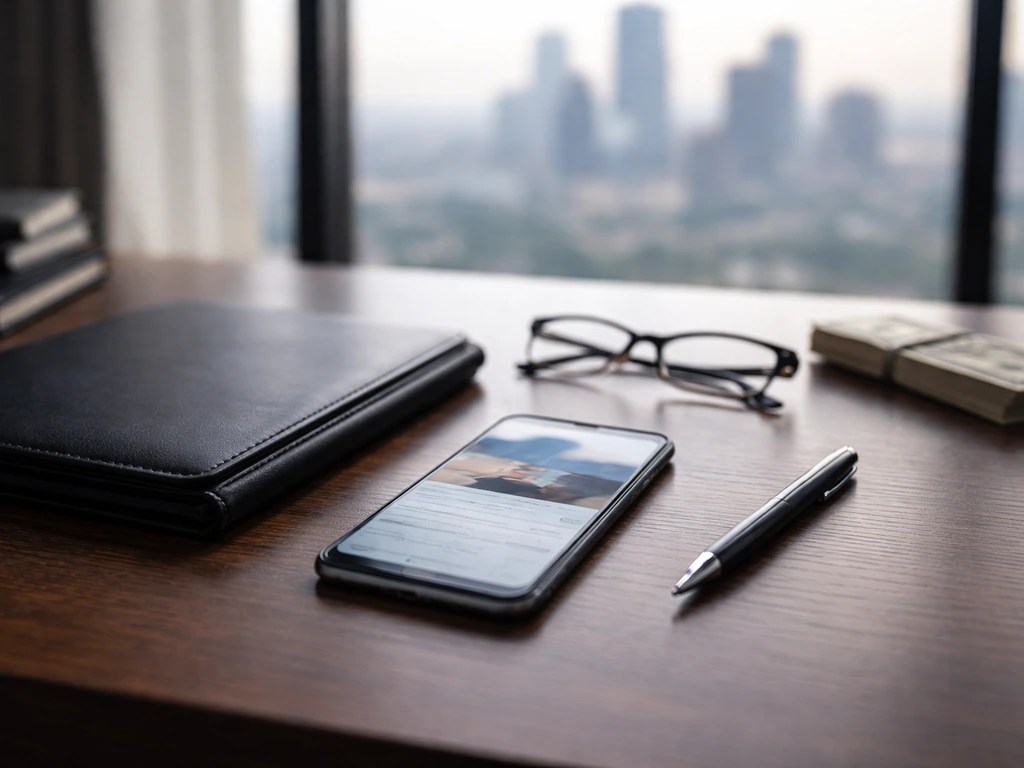 Minimal office desk with blurred phone and cash, symbolizing net worth verification and finance analysis