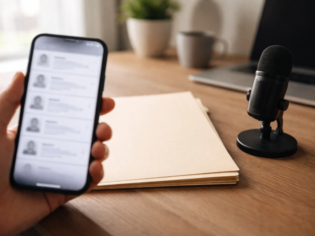 Close-up of a smartphone showing search-like cards and an empty business folder, symbolizing name disambiguation