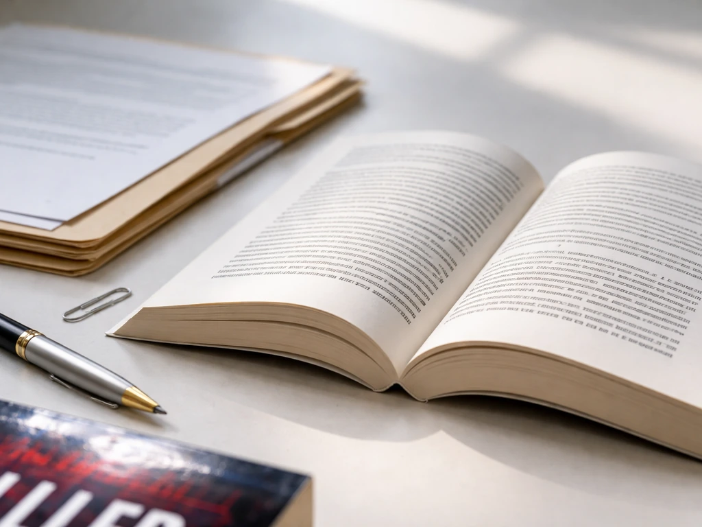 Close-up of an open book titled with a generic political thriller and stacked legal/record documents on a desk