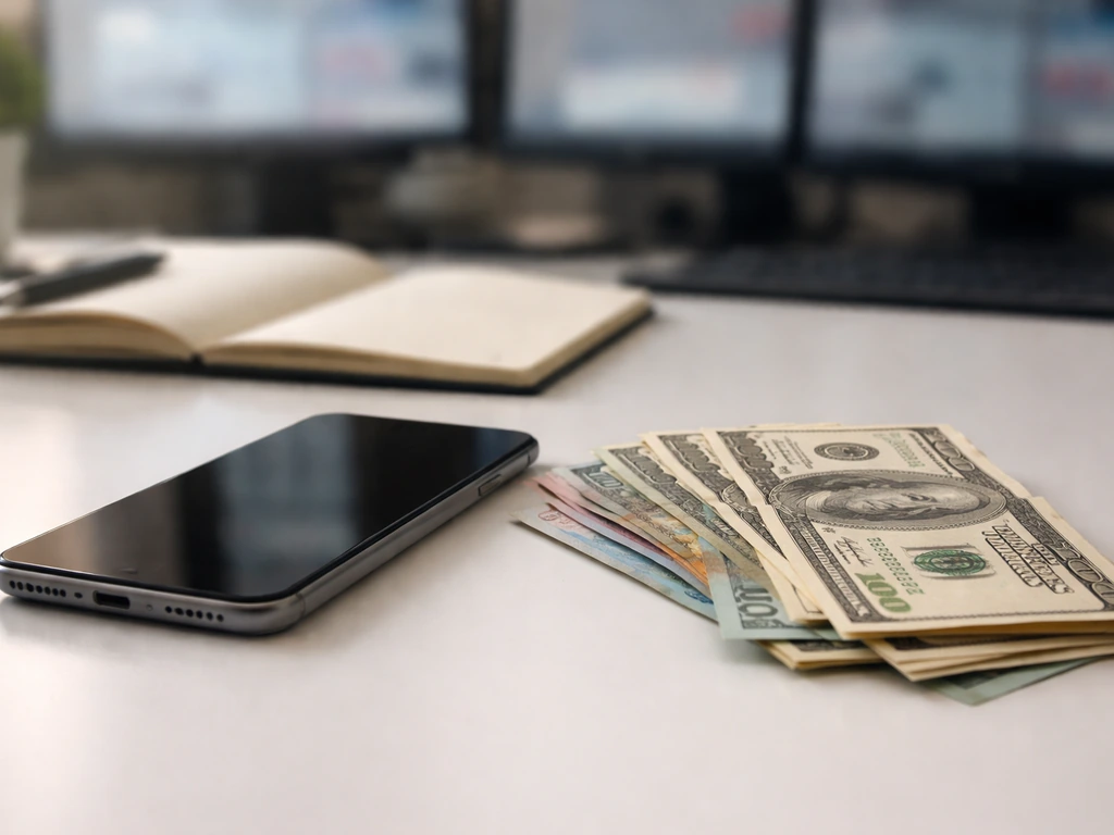Close-up of a smartphone and scattered cash on a desk, symbolizing conflicting financial claims and uncertainty