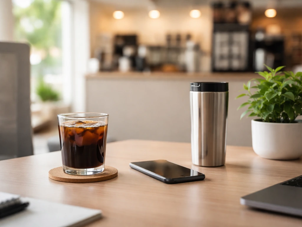 Minimal business desk scene with dark beverage and phone, hinting at açaí franchise success without people.
