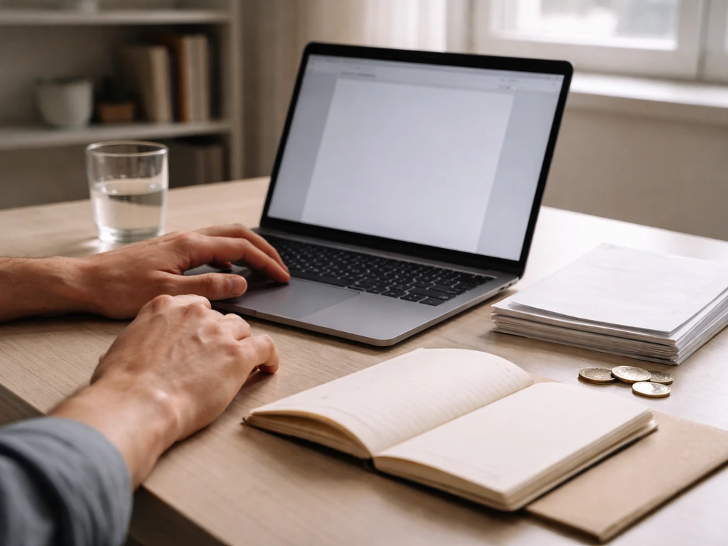 Hands over a laptop showing generic finance notes, with a simple desk balance and coins nearby