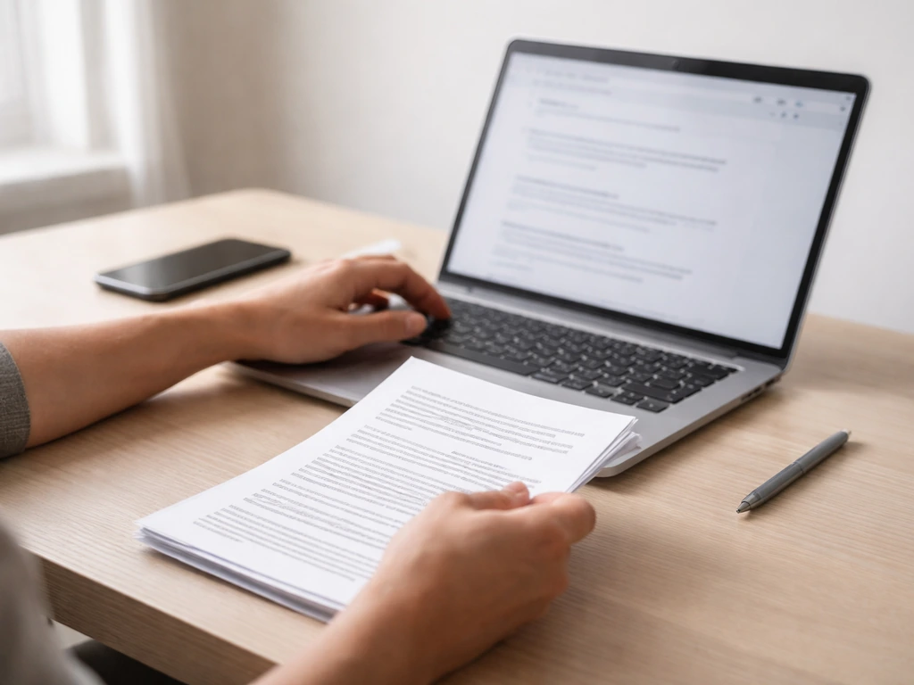 Person reviewing business records on a desk with laptop and documents, verifying company officer info.