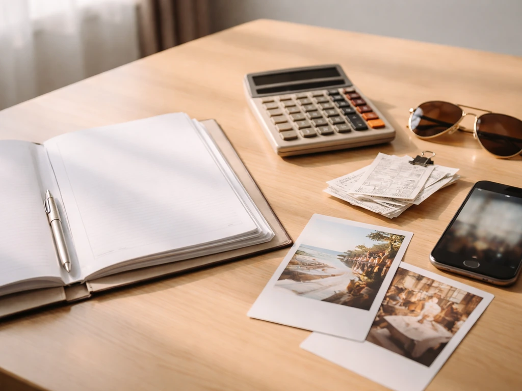 Luxury travel and restaurant tokens with scattered financial documents and a calculator on a desk, symbolizing net-worth