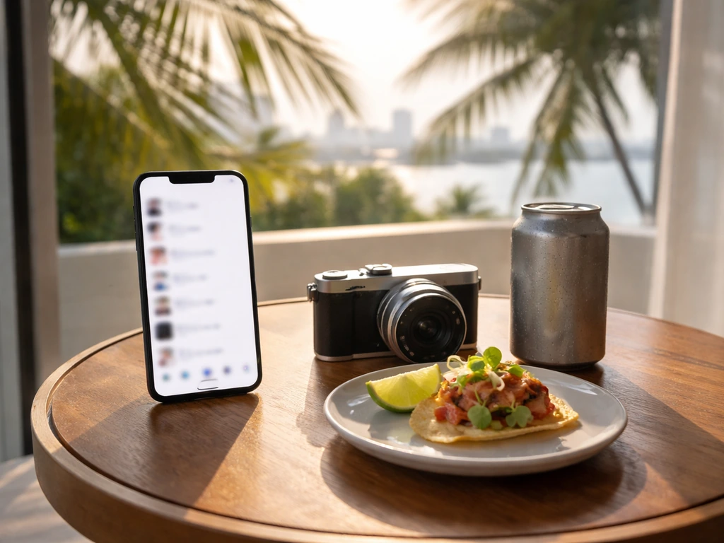 Miami luxury food travel scene with smartphone and camera gear, symbolizing a lifestyle creator’s net-worth search.