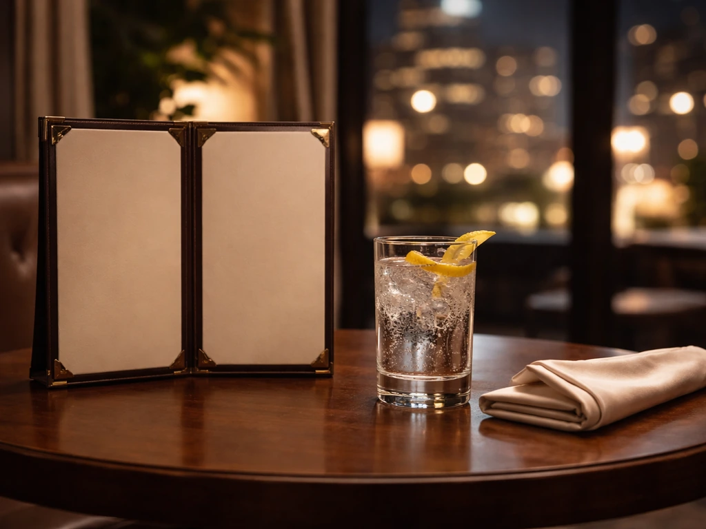 Empty upscale hotel bar table with branded cocktail menus and a close-up of a sparkling drink