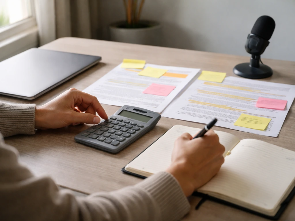 Anonymous hands at a desk reviewing printed pages, highlighted evidence, calculator, and notebook.
