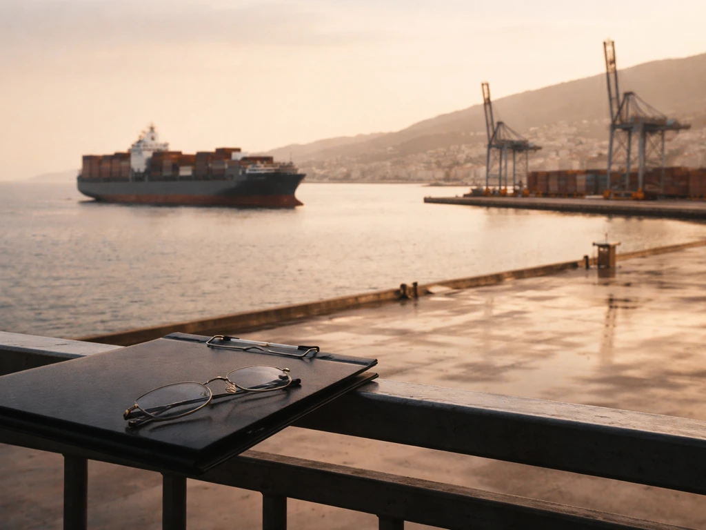 Greek cargo port at golden hour with a distant cargo ship, conveying shipping wealth research.