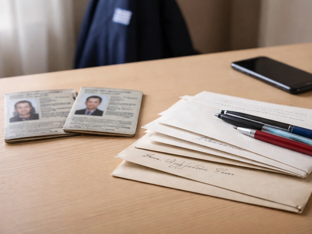 Minimal desk scene with blurred ID documents and envelopes suggesting multiple identities of the same surname.