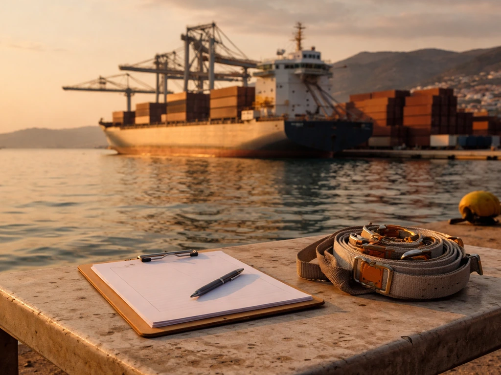 Cargo ship at a Greek port with containers and dockside logistics gear in view.