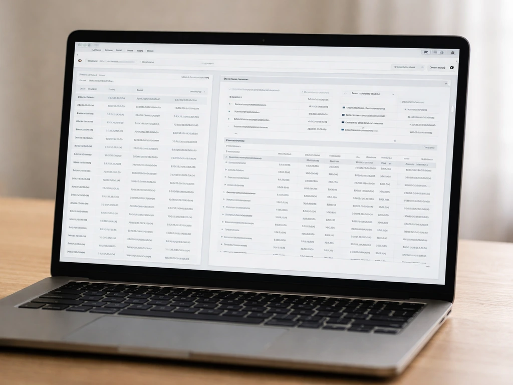 Close-up of a laptop showing an SEC EDGAR-like filing search results page with a company filing view