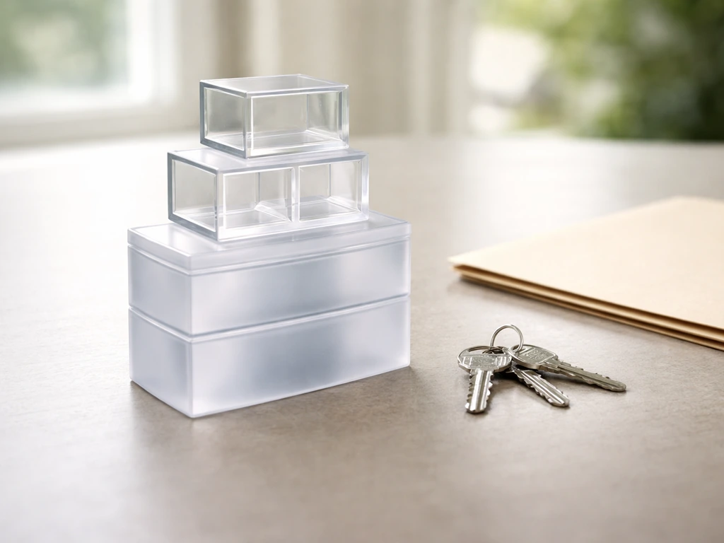 Minimal desk scene with clear layered containers suggesting hidden trust and holding-company asset control.
