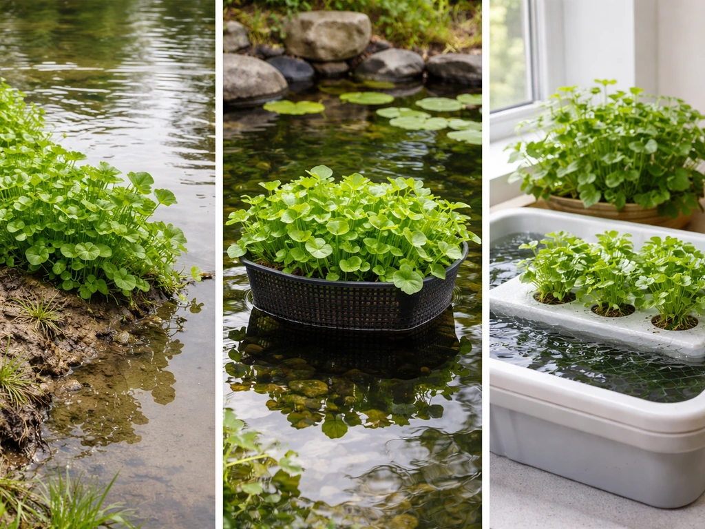 Three simple watercress growing setups side by side: pond edge, basket, and indoor aquaponics tank