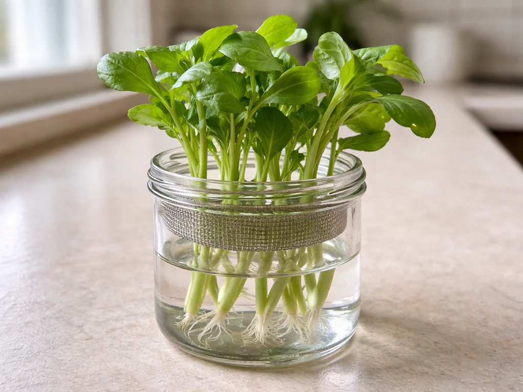 Fresh watercress stems in a clear container with shallow water, lower leaves removed, ready to root.