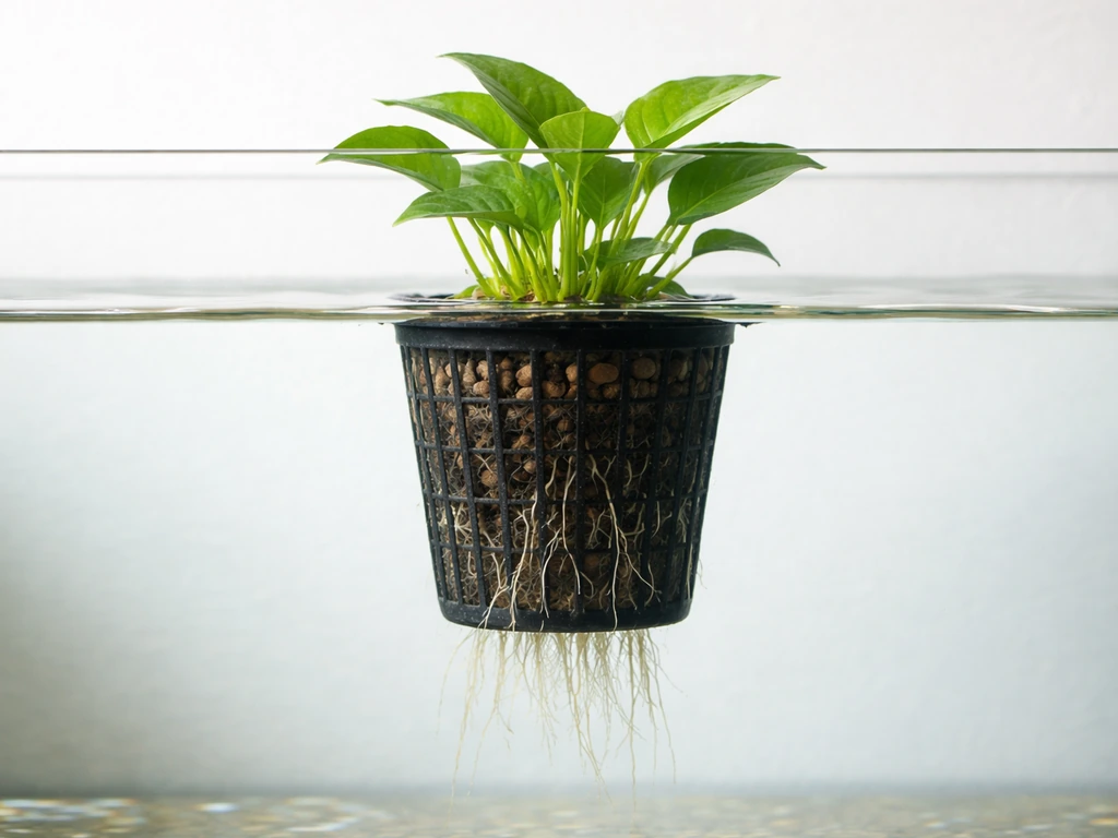 Aquatic plant in a submerged mesh planting basket, showing waterline and approximate 10 cm root depth
