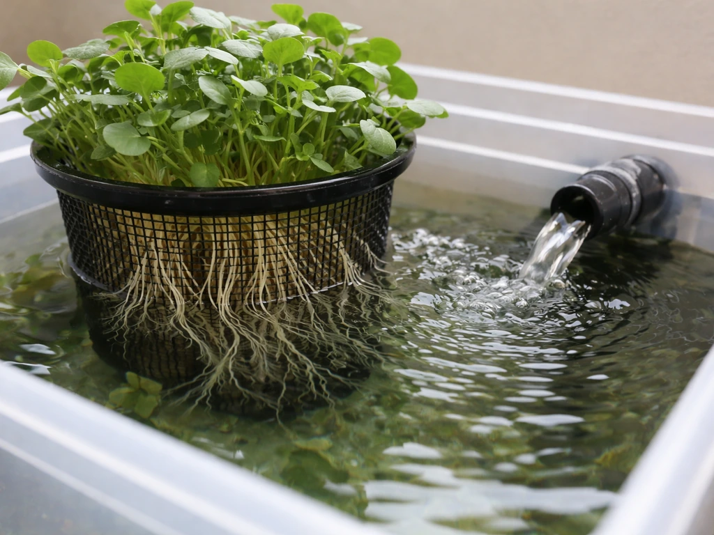 Watercress roots in a submerged mesh basket with gentle ripples from a small return flow in an aquaponics tank.