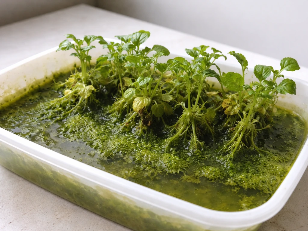 Close-up of a single watercress basket overwhelmed by green algae, with murky water and unhealthy plants.