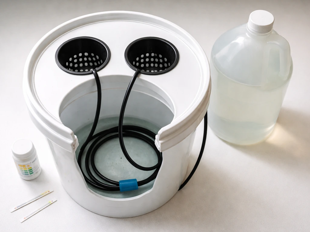 Overhead close-up of a DWC hydroponics bucket setup with net pots, air stone, pH test bottle, and nutrient jug.