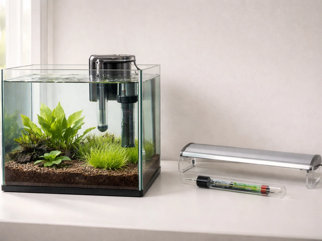 Small planted aquarium beside LED light fixture and thermometer on a clean tabletop