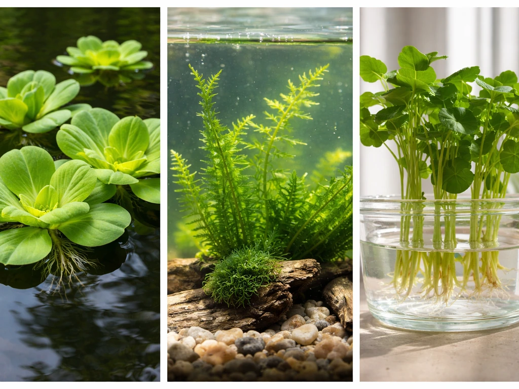 Collage of floating water lettuce, submerged rooted aquarium plants, and watercress stems rooting in water