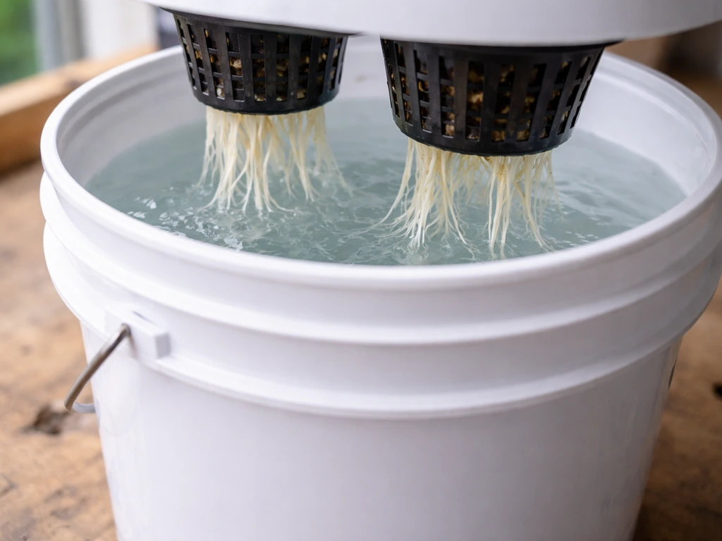 Bucket hydroponic DWC setup with net pots and roots dipping into dechlorinated water, showing an air gap