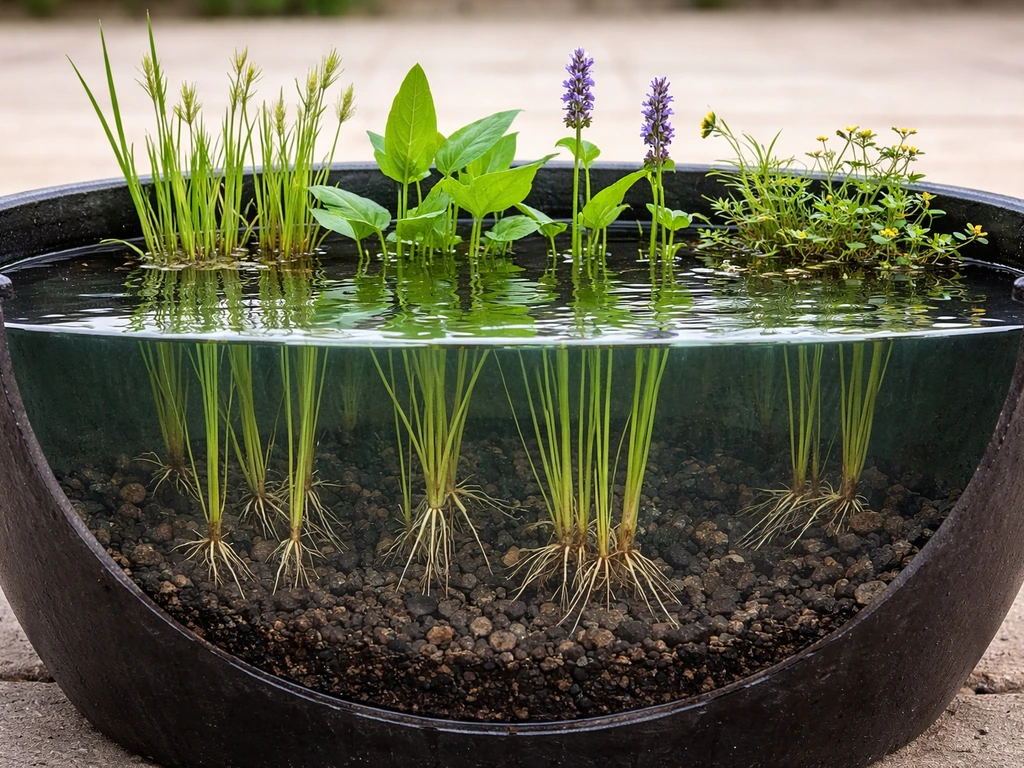 Marginal aquatic plants at a tub water edge, crowns above water and stems submerged.