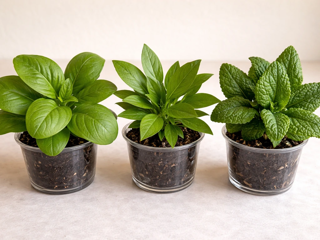 Close-up of three different green leafy plants in separate containers, showing distinct leaf shapes labeled “waterleaf”.