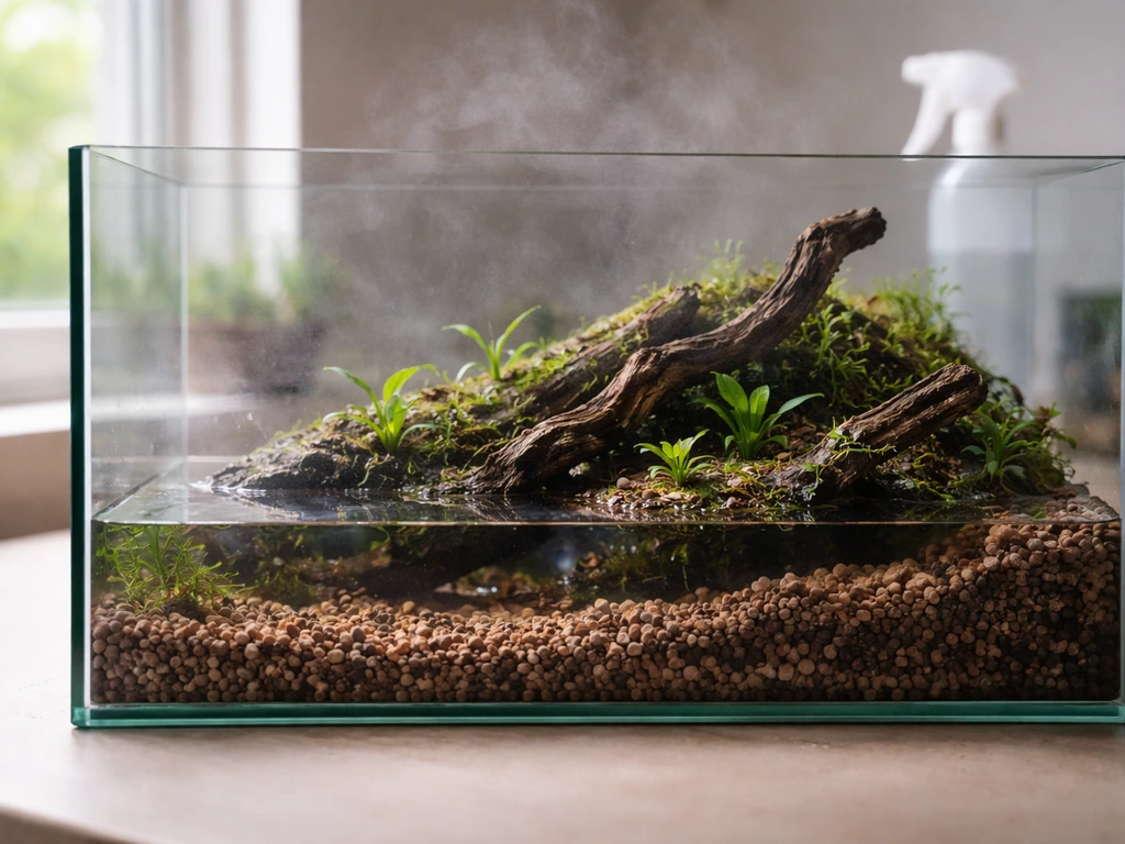 Glass semi-aquatic terrarium tank with expanded clay base, waterline set below plant crowns, misty humidity.