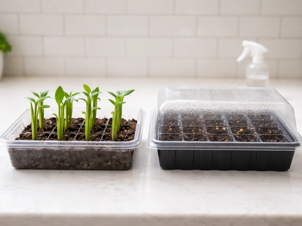 Two propagation trays and seed-start containers side by side with stem cuttings rooting and seeds ready to germinate.