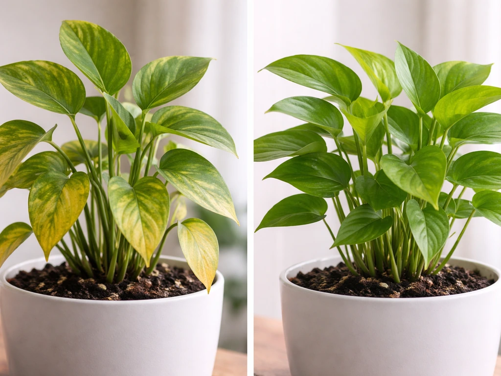 Split image: yellowing lower leaves on one waterleaf plant beside healthy green leaves on another.
