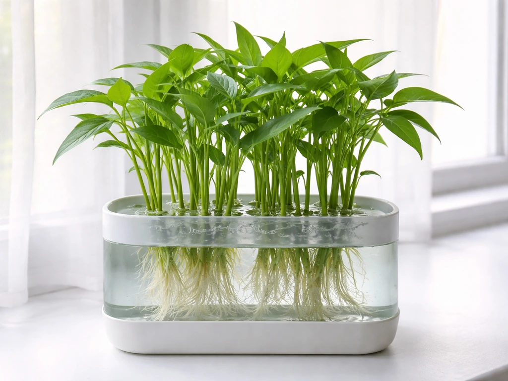Indoor hydroponic kangkong growing in an opaque container with lush stems above clear water.