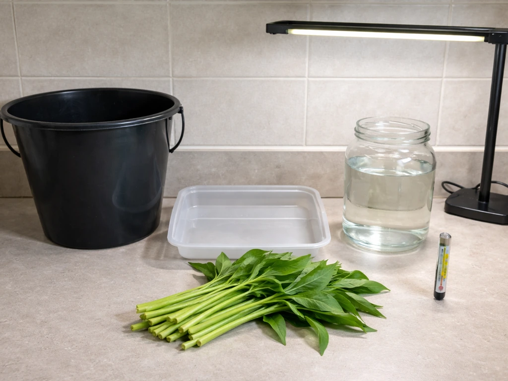 Opaque bucket and shallow tray with water, kangkong cuttings, thermometer, and small grow light set up for starting in w
