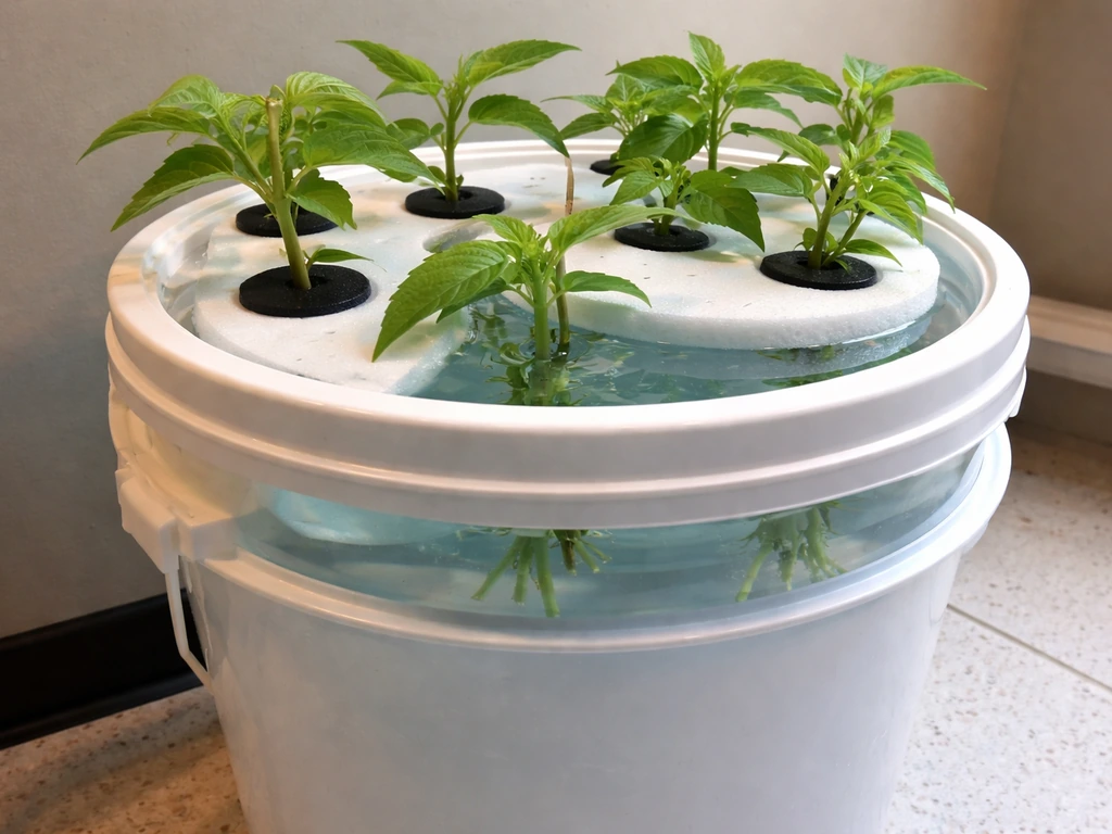 Opaque bucket filled with water/nutrient solution with cuttings resting so their nodes are submerged.