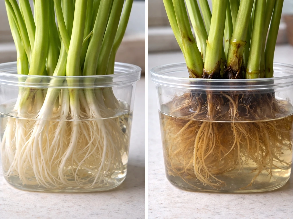 Side-by-side close-up of clean white roots versus browned, slimy root/stem rot in water.