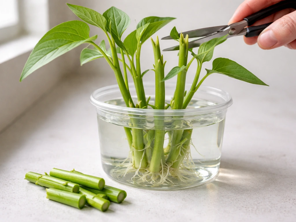 Close-up of harvested kangkong cut stems topping a water-cultivated plant, leaving nodes for regrowth.