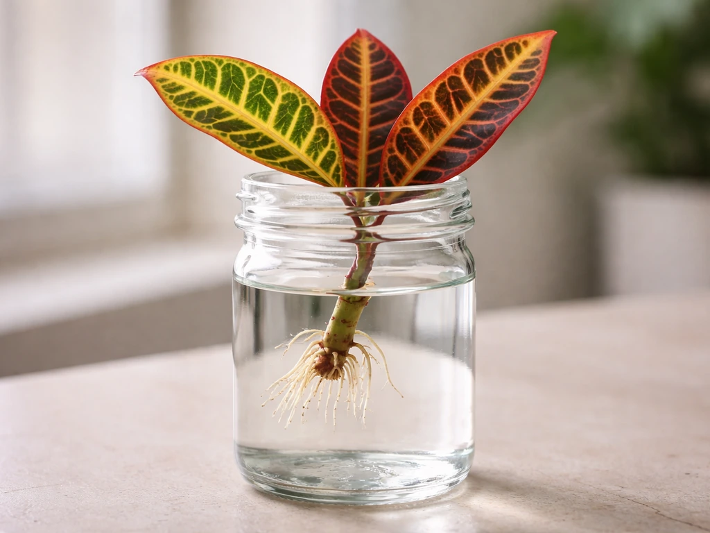 Croton cutting in an opaque jar actively rooting in water, with red-orange-green leaves visible.