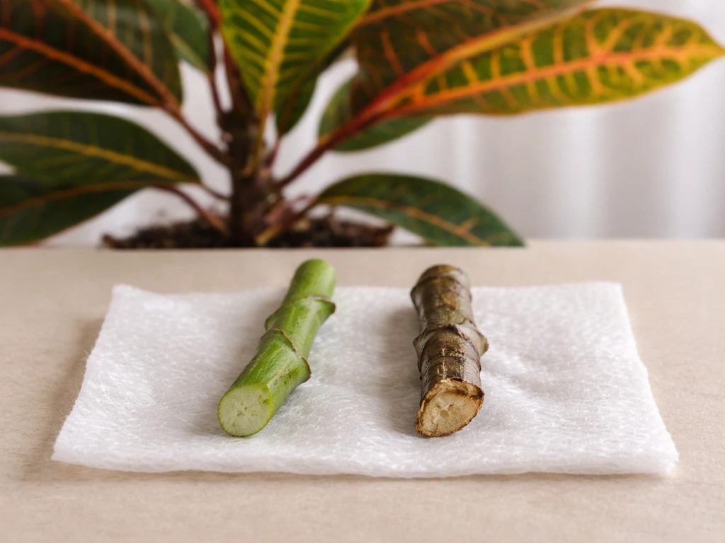 Close-up of a healthy croton stem with two side-by-side softwood tip cuttings labeled by quality