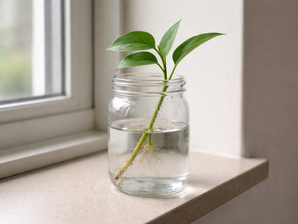 Clear jar of tap water resting on a windowsill with a single plant cutting in bright indirect light.