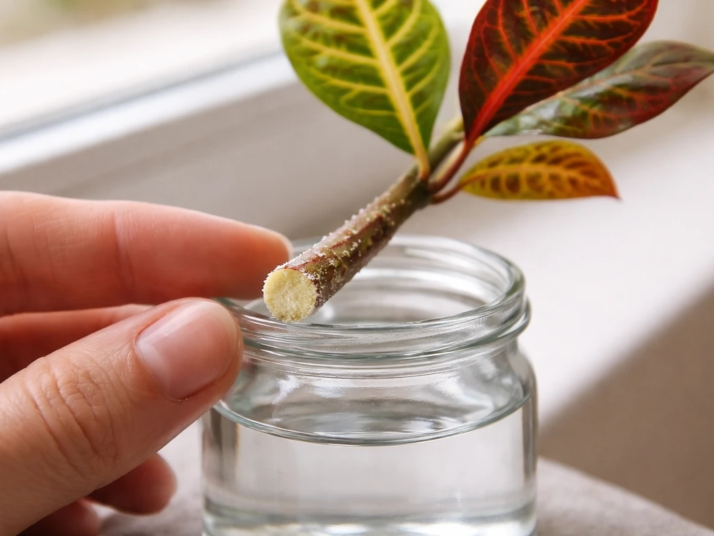 Close-up of a croton cutting with dried latex and rooting hormone powder placed into a small glass of water.