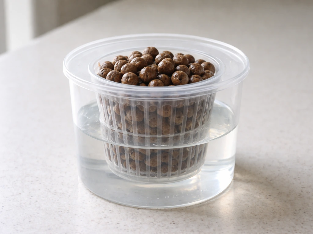 Rinsed LECA pellets in a net pot inside an outer reservoir with a marked halfway water level
