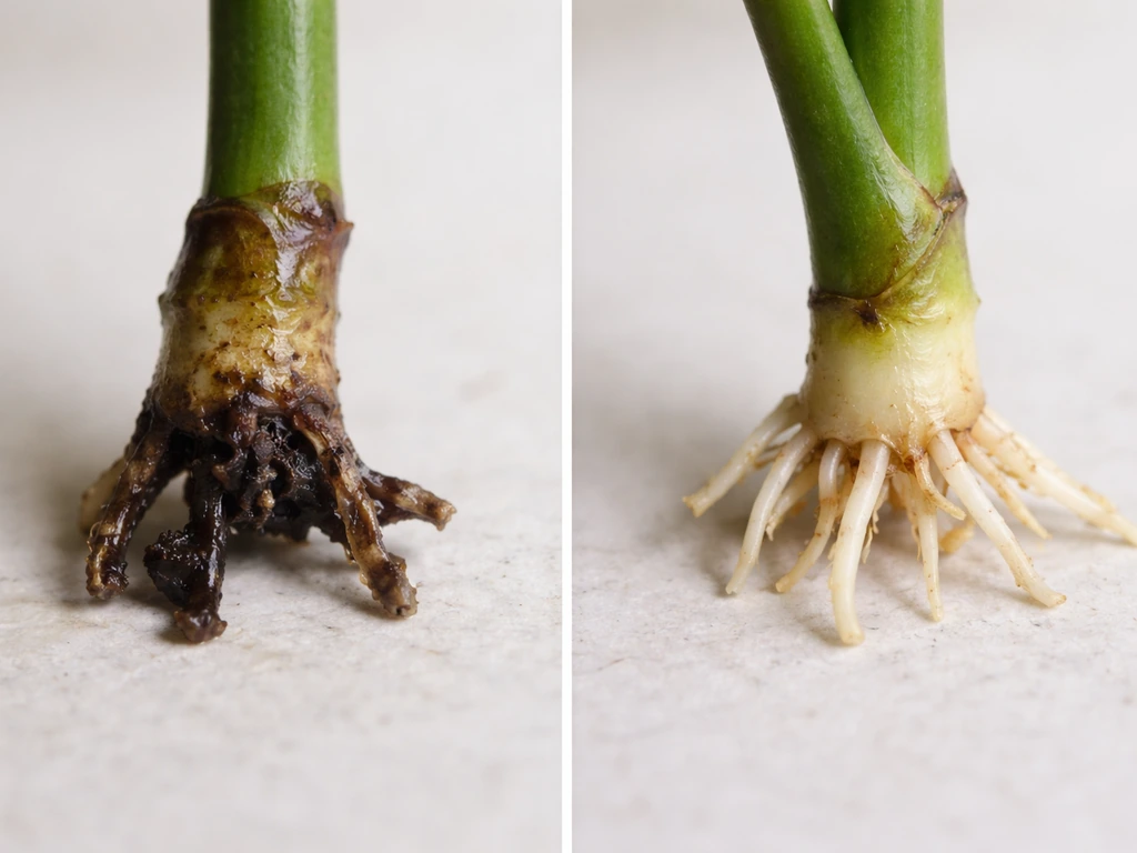 Split close-up of a rotted plant cutting base and a healthy cutting showing firm light roots
