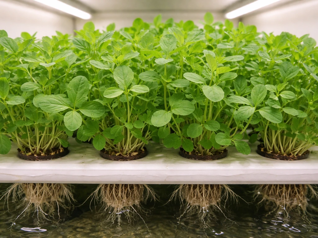 Top-down view of lush hydroponic fenugreek in net cups under grow lights, roots visible and healthy.