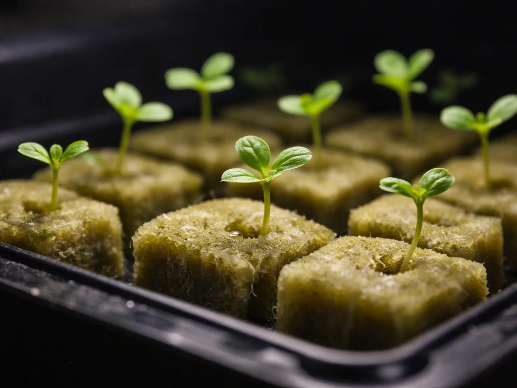 Fenugreek seedlings emerging from starter media under a grow light, showing early trifoliate leaves.