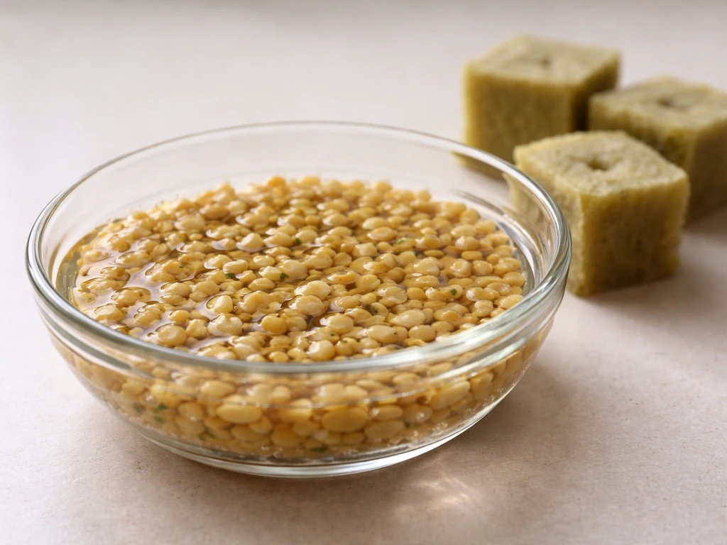 Close-up of pre-soaked fenugreek seeds in a shallow bowl beside a few moistened planting pellets.